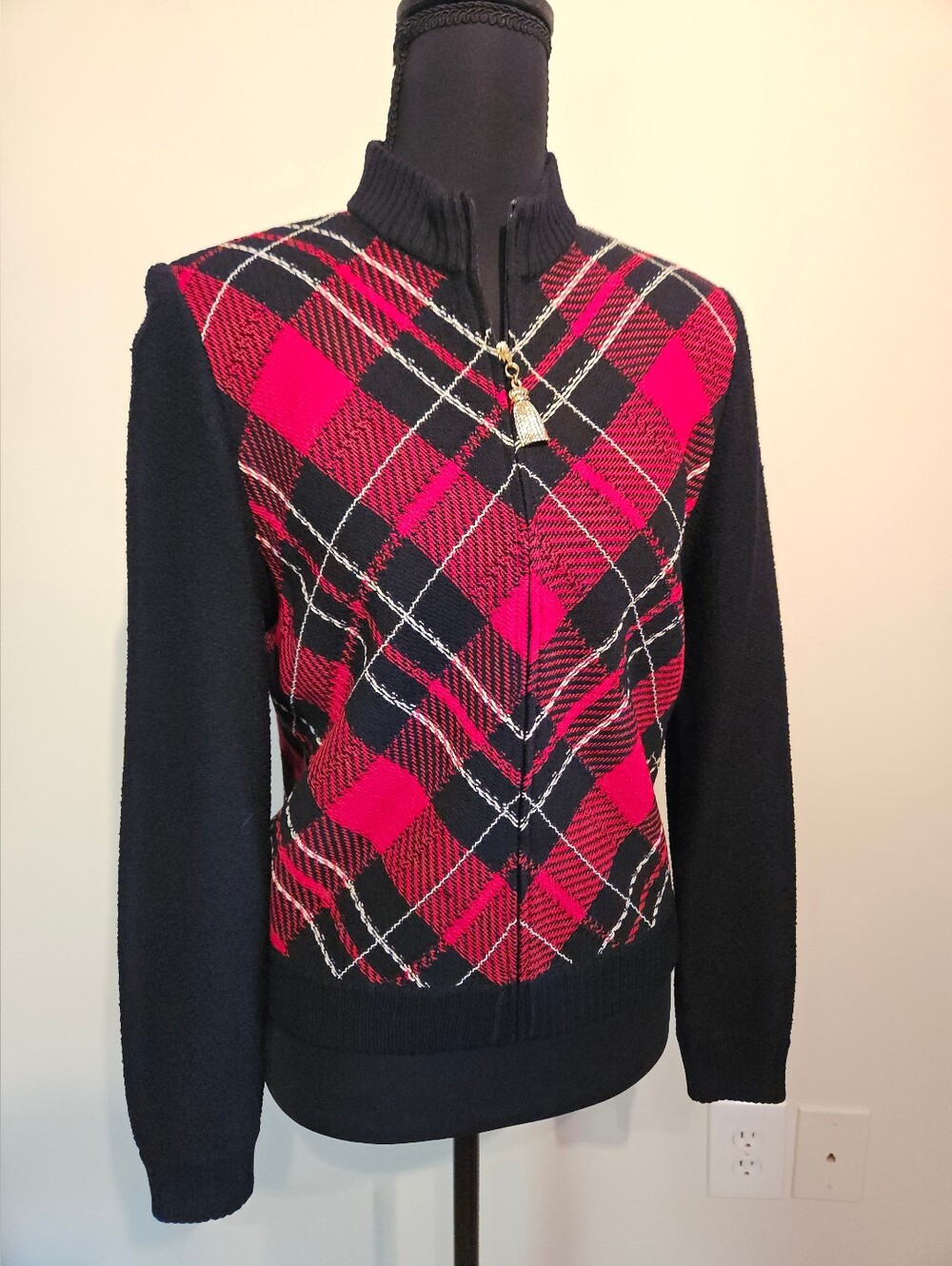 St. John Red and Black Tartan Knit Jacket S4
